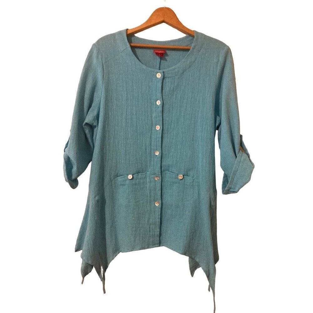 Toofan Women's Turquoise Lagenlook Cotton Tunic Jacket Small Fun Hemline Buttons